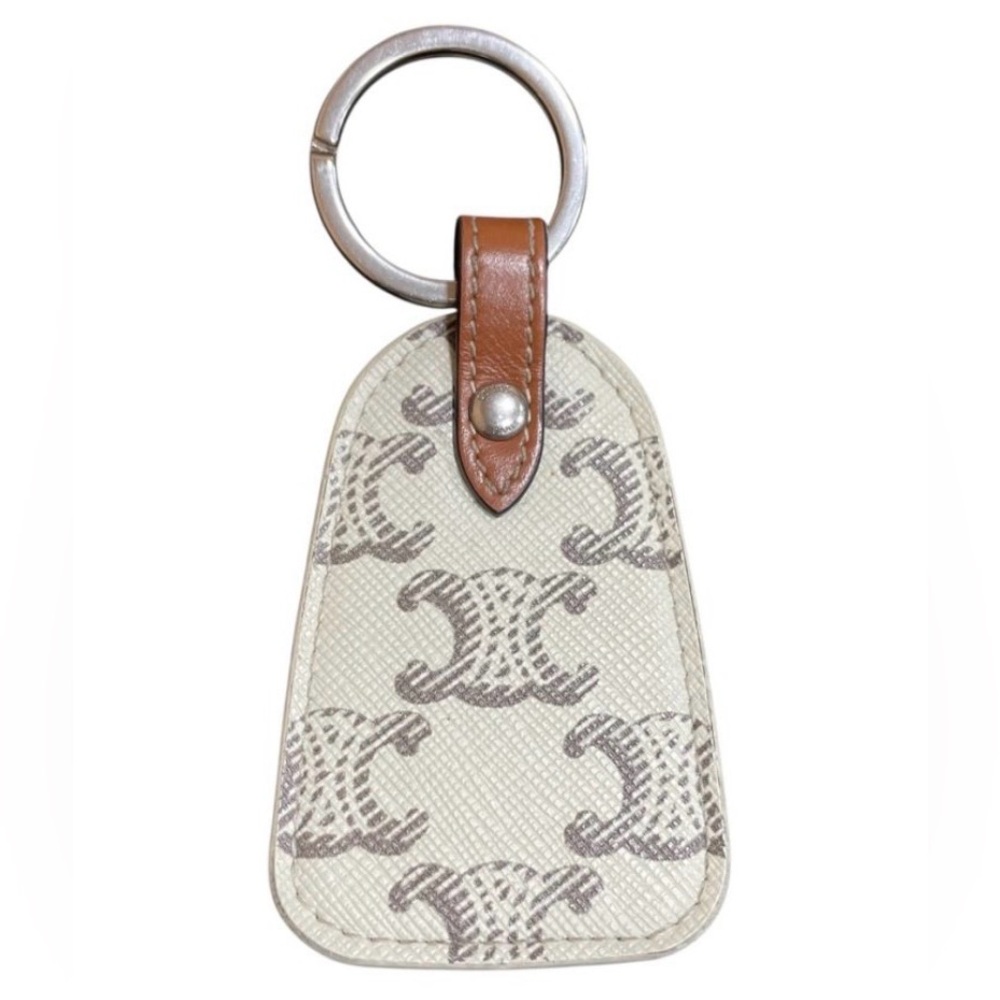 Celine Triomphe Monogram Cream and Brown Leather Keychain Key Fob